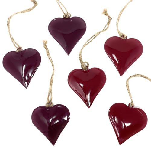 6 Metall Anhänger Herz ca. 7cm, Metallherzen glänzend zum Hängen je 3X in 2 verschiedenen Bordeaux Nuancen