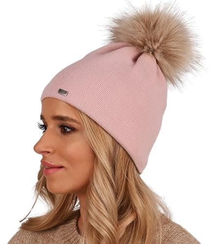 Alur Bonnet Pompon Femme Hiver Chaud et Élégante - Universelle Chapeau Femme Hiver en Tricot - Élastique en Douce Beanie Chapeau - Écologique Bonnet Cabaia (Rose)