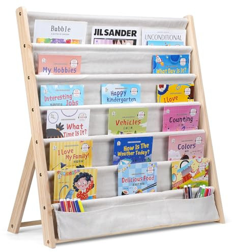 SINBINTA Kinder-Bücherregal, 6 Ebenen, Bücherregal, Aufbewahrung, Ausstellungsregal, einfacher Zugriff, Holzbuch-Organizer mit Tasche für Kinderzimmer und Spielzimmer (Beige)