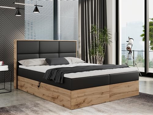 MKS MEBLE Boxspringbett 180x200 mit Bettkasten Holz Holzrahmen, Boxbett 180x200 mit Matratze H4 und Kopfteil - Schwarz Kunstleder - Albero-2