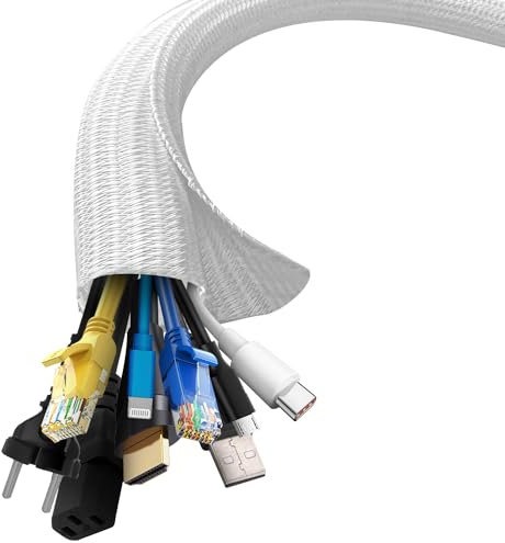 shinfly Cable Tidy Sleeve, 19mm/∅0.75-3m/9.84ft Self-Closing Cable Duct, Cable Management, Cable Sleeve, Wire Tidy for Desk, TV, Computer, PC, Cable Protection for Dogs, Cats, White