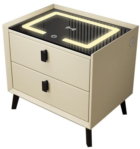 Intelligenter Nachttisch mit Ladestation, Moderner Nachtkasten mit LED-Leuchten, Nachtschrank Boxspringbett, Beistelltische für Das Schlafzimmer mit USB-Anschluss, 2 Schubladen ( Color : Beige , Size