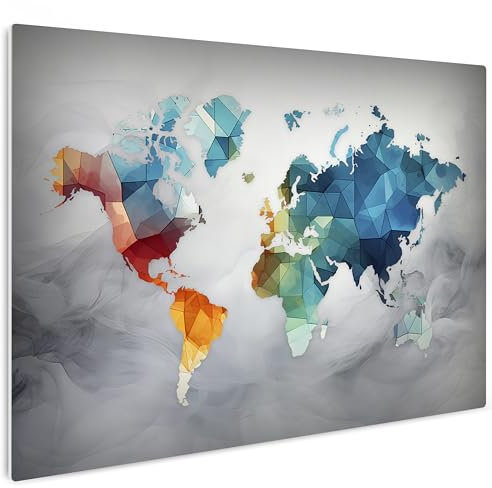 HEALANCY Bilder Weltkarte - KOMPLETT AUFHÄNGFERTIG - Wandbilder Wohnzimmer - Deko Modern - Schlafzimmer - Kunstdruck Wanddeko Küche - Landkarte Kontinent Bunte Abstrakt