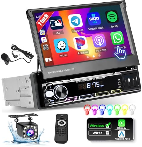 Hikity Radio de Coche 1 DIN con Pantalla Retráctil de 7 Pulgadas Inalámbrica Carplay Pantalla Radio 1 DIN con Bluetooth Android Auto EQ FM AUX USB Mirror Link Cámara de Visión Trasera