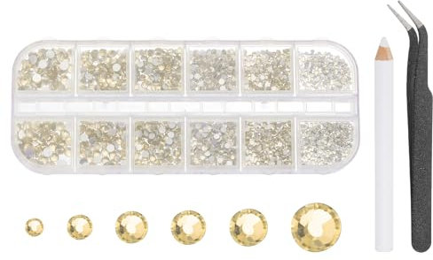 sourcing map Round Flatback Rhinestones Set, 6 Size Glass Flat-Back Crystal Diamonds with Tweezers and Picking Pen for Nail Art Makeup Crafts Fabric DIY Decoration, Champagne Color