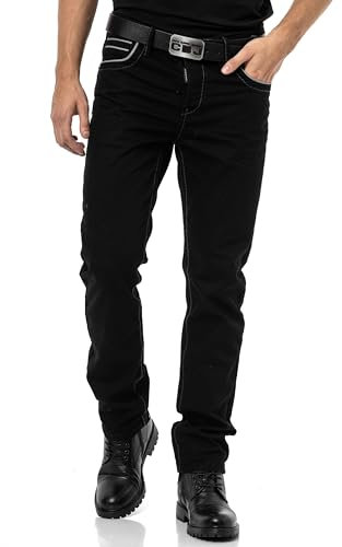 Cipo & Baxx Herren Jeans CD148 – Regular Fit Straight Jeans Hose, Modern Denim Schwarz mit Kontrastnähten, Bequeme Herren Freizeithose im trendigen Design - CD148-BK-W34-L34
