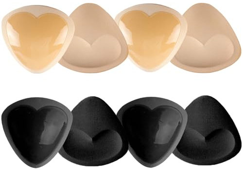 KEYRI 4 Pairs Bra Pads Inserts, Adhesive Push Up Bra Inserts Pads Women's Removable Bra Pads Triangle Bra Pads Inserts Bikini Padding Inserts Reusable Bra Inserts for Bikini Swimwear (Black, Beige)