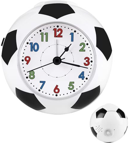 BTBHIHO Leiser Wecker für den Nachttisch, kein Ticken, kleiner Fußball-Themenwecker, Nachttisch für Kinder, batteriebetrieben, kein Zecken, Wecker mit Schlummerlicht für Zuhause, Schlafzimmer, Küche,