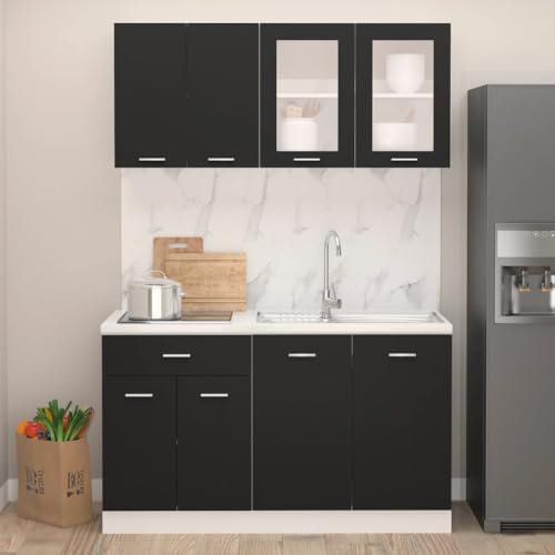 Willood 4 TLG. Küchenzeile Betongrau Holzwerkstoff onhe Arbeitsplatte Schwarz