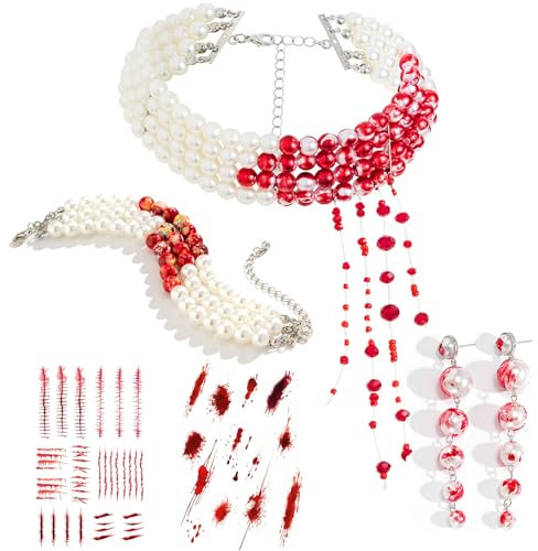 Hifot 5 Stück Halloween Schmuck Damen Halloween Kette Blut Tattoo Wunden Deko Halloween Kostüm Damen Braut Vampir Schmuck Gothic Perlen Armband Ohrringe Halskette Halloween Party Karneval