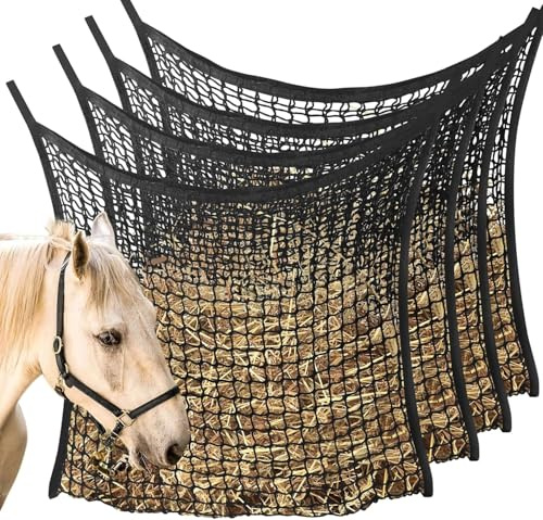 4 PCS Slow Feed Hay Net, Hay Bags for Horses with Large Capacity, Horse Feed Bag Easy to Hang, Hay Nets for Horses for Horse Feeder Full Day Feeding Horses Goat Stall Trailer (31.5 x 35.1)