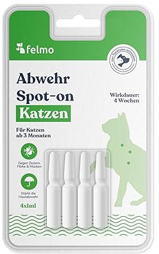 FELMO Abwehr Spot-on für Katzen (4x1ml) mit Margosa-Extrakt und Geraniol zur natürlichen Prävention gegen Zecken, Flöhe & Mücken – ohne Chemie