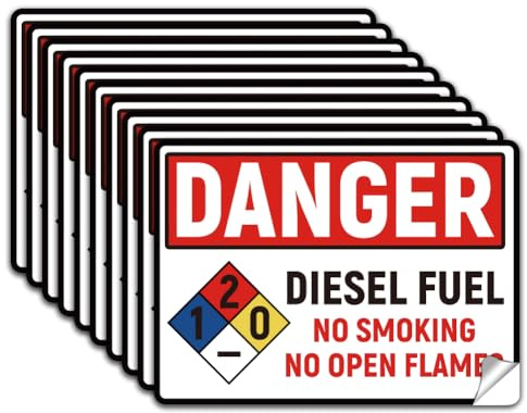 WADORN 10Pcs Danger Diesel Fuel Sign Stickers, PVC No Smoking No Open Flame Waterproof Safety Stickers Diesel Fuel Vinyl Self Adhesive Safety Decal Labels for Fuel Tank Storage Tank, 7.1x5.1 Inch