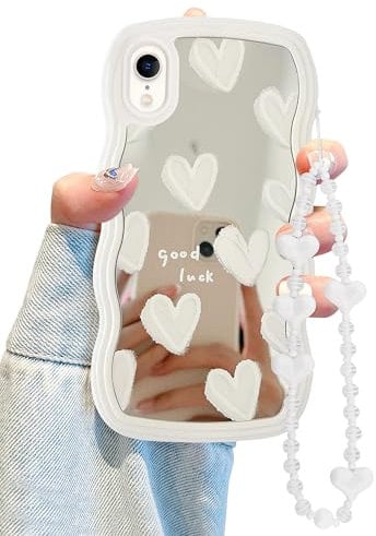 Jusy - iPhone XR case with wave edge, cute white heart mirror, hard PC and soft TPU, for women girls with bracelet chain