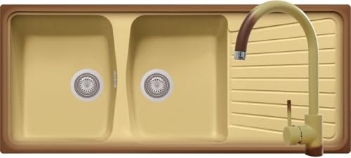 Coordinato lavello Borgogna Terra di Francia cm 116x50 2 vasche con gocciolatoio e Miscelatore Roma