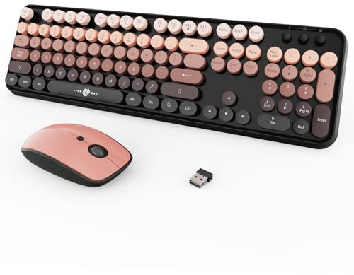 Ensemble clavier et souris sans fil, 104 touches rondes, joli clavier coloré et souris avec machine à écrire rétro pour PC/Mac/ordinateur portable/tablette/ordinateur/Windows Noir