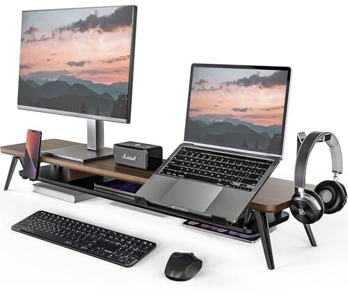 Fenge Dual Monitorständer mit Laptop Halterung/Telefon Halter/Headset Halterung, 2 Etagen Groß Multifunktionaler Computer Bildschirmständer 108x23,5x14,5cm (Braun)