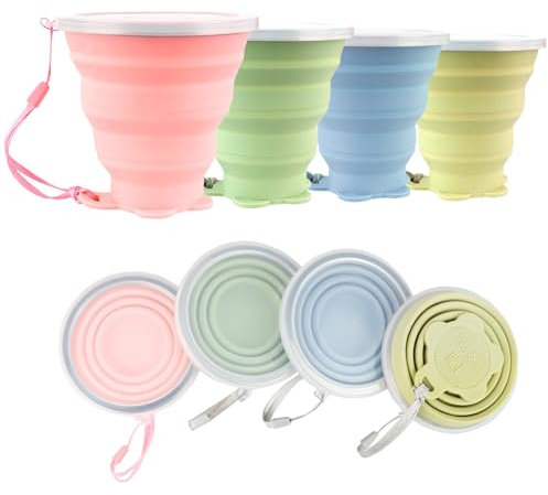 Tazza da campeggio pieghevole in silicone, confezione da 4 tazze da viaggio pieghevoli da 320 ml, tazze portatili pieghevoli con coperchio di chiusura in plastica, per picnic, campeggio, all'aperto