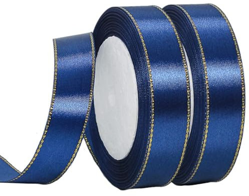 2Rolls 20mmx22m Navy Blue Ribbon with Gold Rim,Christmas Double Sided Satin Ribbon Roll for Crafts DIY,Christmas Ribbon for Gift Wapping,Crafting Xmas Tree Cake Wreath Bow Wedding Decoration
