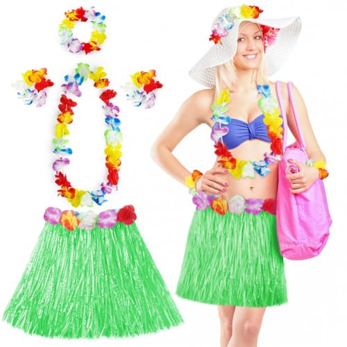 Aomig Hawaii Mottoparty Kostüme Set Rock, Hawaiian Gras Hula Rock Sets, 40cm Lange Hawaiianischer Grasrock mit Halskette Armbänder Haarblume Grasröcke für Cheerleading Strand Partys Ostern (Grün)
