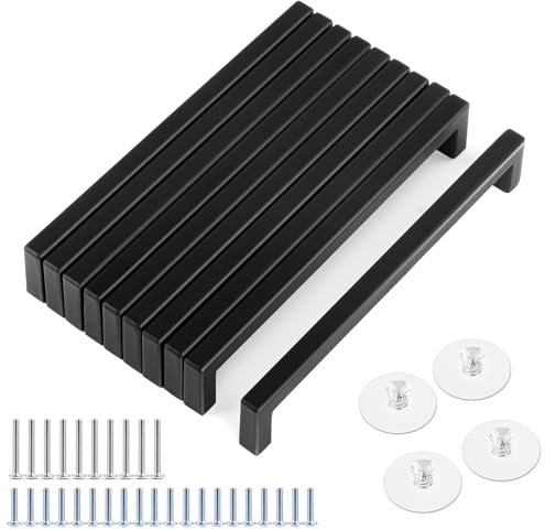 Tufa 10 Stück Möbelgriffe Schwarz, Griffe für Küchenschränke 160mm Lochabstand, Edelstahl Schubladengriffe mit 30 Schrauben und 4 Selbstklebende Griffe, Quadrat Türgriffe Küche für Möbel, Küche