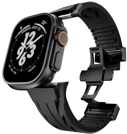 SRRDK Correa de caucho fluorado para Apple Watch Ultra 2 49mm S10 46MM 45mm 44MM 42mm Correa para Iwatch Series 6 5 4 Se 9 8 7 Correas de reloj de pulsera de caucho fluorado ultracortadas(Black black,