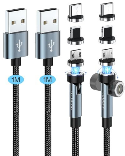 Kuulaa Cavo di ricarica magnetico 3 in 1, [2 pezzi, 1 m + 1 M] cavo girevole a 540°, magnetico, ricarica rapida 3 A & 480 Mbps, ricarica dati magnetica per USB C/iPhone/Micro USB