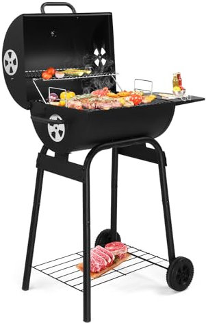 LEADZM Barbecue Charbon de Bois avec grande grille de cuisson,Voiture barbecue mobile - Fumoir en métal pour jardin et terrasse - avec table d'appoint et thermostat (103 x 52 x 86 cm)