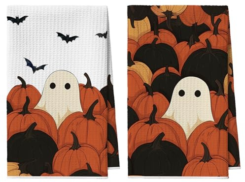 Artoid Mode Geist Kürbisse Halloween 42x65 cm 2er Set Geschirrtücher | Saisonal Fledermaus Polyester Küchentücher Handtücher Küche Dekor