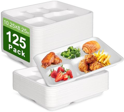 Qi Boo Lot de 125 assiettes jetables compostables à 5 compartiments 26 x 21 cm - Assiettes en carton divisées très résistantes, biodégradables et respectueuses de l'environnement - Blanc - 25,4 cm