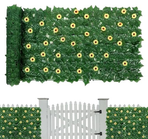 Clôture Brise-Vue en Lierre Artificiel - Panneaux de Verdure Extensibles 1x3 m avec Tournesols - Panneaux Végétaux Décoratifs avec 96 Tournesols pour Mur Balcon Terrasse Jardin