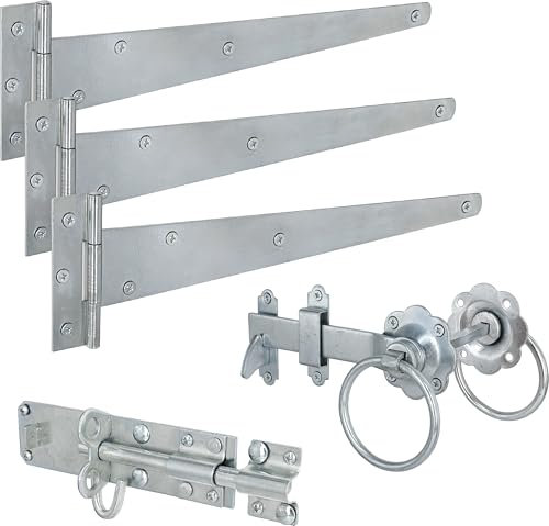 IRONTITE® Galvanised Gate Latch Kit with 300mm (12) T Hinges and Brenton Bolt. BZP Garden Gate Kit Includes Garden Gate Hinges for Wooden Gates, Brenton Garden Gate Bolt, and Ring Gate Latch.