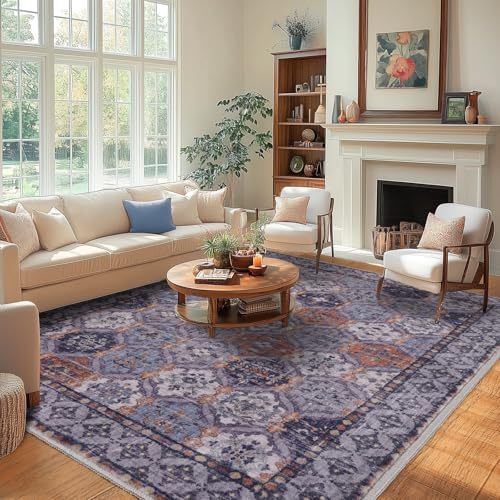 MAST DOO Teppich Wohnzimmer Waschbarer 140x200cm, Boho Kurzflor Wohnzimmerteppich Groß Teppich für Esszimmer Schlafzimmer Büro, Waschbar rutschfest Teppiche Carpet, Violett