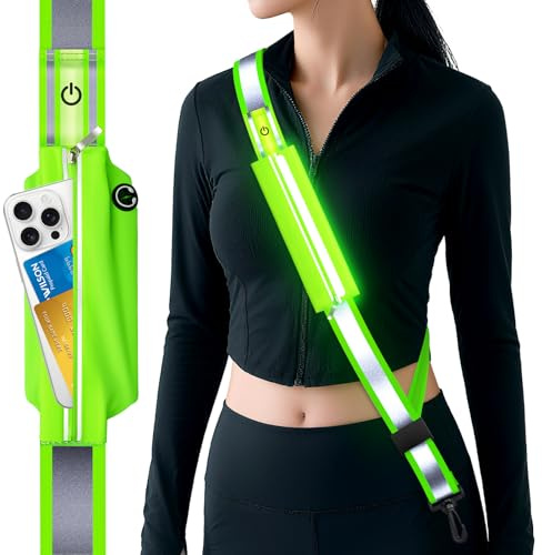 Samlior LED Reflektierende Gürtelschärpe, Reflektoren Gürtel mit wasserdichte Handytasche, Wiederaufladbare LED Licht Laufgürtel Sicherheitsausrüstung für Spazierengehen Laufen Radfahren
