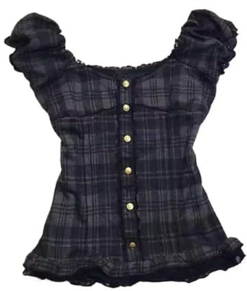 Damen-T-Shirt mit Spitzenbesatz, Y2k Fairy Grunge Crop Tops, Vintage-Stil, Rundhalsausschnitt, Vintage, Gothic, ästhetisches Hemd, kokette Kleidung