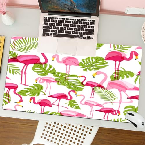 QRFASFZO Tapis de Souris Gaming - 30x80 cm - Tapis de Souris Esports - Ne Glisse jamais - Couverture complète du Bureau - Motif avec Flamant Rose et Feuilles de Palmier Vertes.