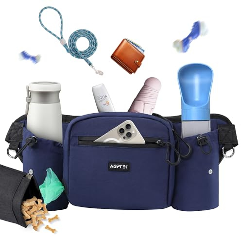 AGPTEK Bauchtasche mit Leckerli-Tasche für Hunde, Blau | Hundekotbeutel-Spender, Futterbeutel, Für Hundespaziergänge, Für Reise und Wanderung, Für Outdoor-Aktivität