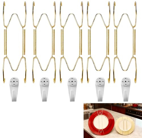 5 Pack Plate Hangers for Walls, 8 Inch Plate Hangers, Invisible Plates Hooks with Invisible Nails, Wall Hooks with Retractable Spring for Hanging Decorative China, Kitchen Plates, and Frames (Gold)