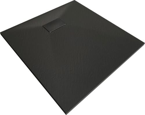 Duschwanne 90 x 90 x 3,6 cm – SMC Kunststoff, anthrazit, nahezu barrierefrei, rutschhemmend, Steinoptik-Oberfläche, robust, pflegeleicht, moderne Duschtasse für bodennahe Dusche