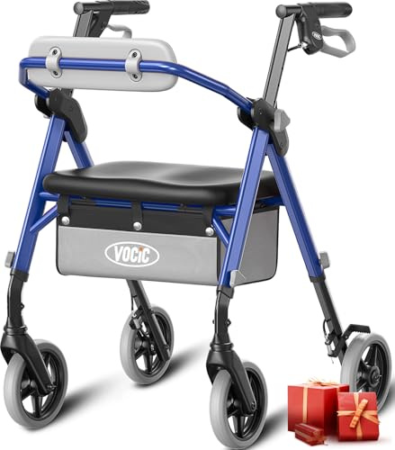 VOCIC Z11 Rollator faltbar und leicht mit Sitz,Max 172kg,Schmal für wohnung | Rollatoren leicht klappbar für Senioren, Sitz & Griff – Ergonomisch & Höhenverstellbar,Walker Meeresblau, 5 Jahre Support