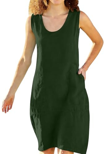 Guhmomh Sommerkleid Damen Knielang Baumwolle Leinenkleid Sommer Strandkleid Ärmellos Shirtkleid Casual Kleider Sommerkleider Luftig Tunika Kleid Freizeitkleid Strandkleider Einfarbig Blusenkleid