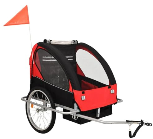 Kaloriko 2-in-1 Fahrradanhänger und Kinderwagen Schwarz Rot mit Stahlrahmen, Oxford-Gewebe, faltbar, 40 kg Tragkraft, 5-Punkt-Gurt, Allwetterverdeck, Reflektoren für sichere Radtour und Alltag