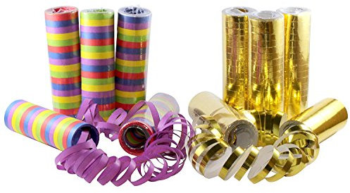 Kiddyparty Luftschlangen, 10er Pack Premium Qualität Papierschlangen, 5 Stück Bunte und Gold/weiß metallic. Für Geburtstag, Hochzeit und Silvester