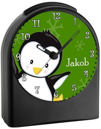 CreaDesign, WU-50-1121-04, Pinguin Farbe Grün, analog Kinderwecker schwarz, Funkwecker ohne Ticken, mit Licht, personalisiert mit Namen, 9,6 x 5,5 x 11,9 cm, 104 g