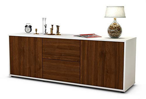 Stil.Zeit TV Schrank Lowboard Alma, Korpus Weiss matt, Front Holz Design Walnuss (135x49x35cm), Push to Open Technik & Leichtlaufschienen
