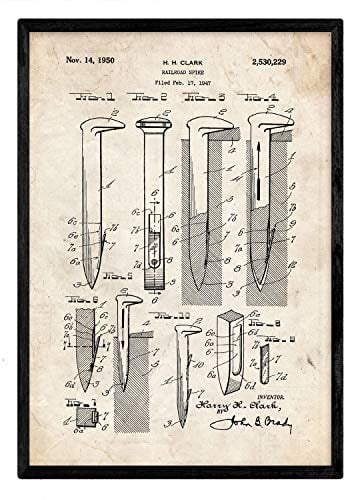 Nacnic Poster Patent Eisenbahn Nägel. Blatt mit altem Design-Patent in der Größe A3 und Vintage-Hintergrund