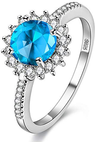 Uloveido Rhodium überzogene simulierte Blue Topaz Birthstone Ring, Solitaire Akzent Verlobungsringe für Frauen Y3522 (blau, Größe 59)