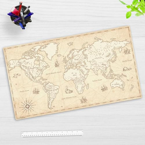 Schreibtischunterlage Kinder und Erwachsene – “Weltkarte retro“ – aus erstklassigem Vinyl (Kunststoff) – 70 x 40 cm – Rutschfeste Schreibunterlage für besten Schutz – Made in Germany