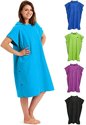 Fit-Flip Strandponcho für Surfer - Poncho Handtuch schnelltrocknend aus Mikrofaser - Umkleidehilfe Strand - Surfponchos Ultraleicht - Badeponcho für Erwachsene (Größe M, Cyanblau)