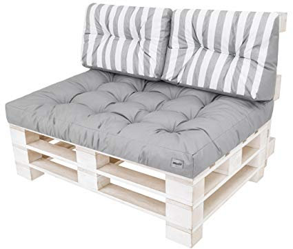 PillowPrim Palettenkissen Palettenauflagen Paletten Polster Auflagen Bedeckung Gartenkissen (Sitzkissen 120x80 + Rückenlehne 2x60x40), Asche mit Weissen Streifen